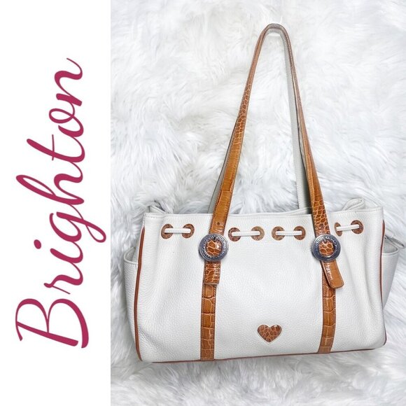 BRIGHTON White & Tan Pebbled Leather Satchel Shoulder Bag Croc Heart Detail - Picture 15 of 15